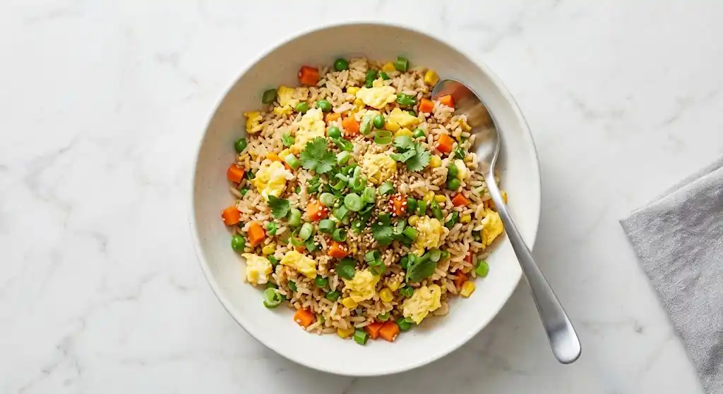 Delicioso plato de arroz frito con huevo para resolver qué cocinar hoy.