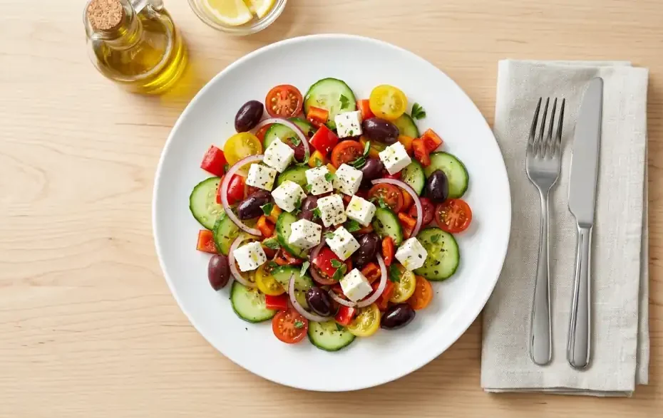 Ensalada mediterránea fresca con aceitunas, queso y vinagreta casera