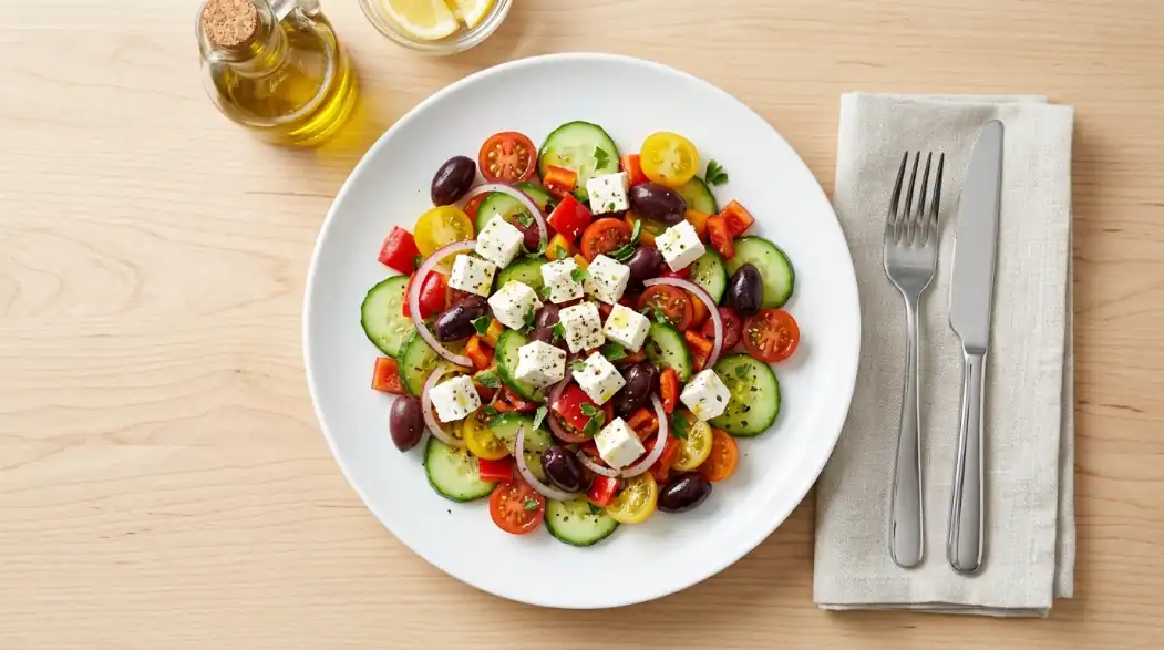 Ensalada mediterránea fresca con aceitunas, queso y vinagreta casera