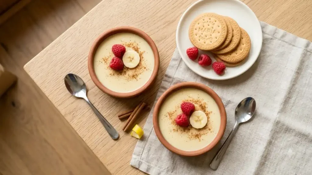 Natilla española decorada con frutas frescas y galletas María