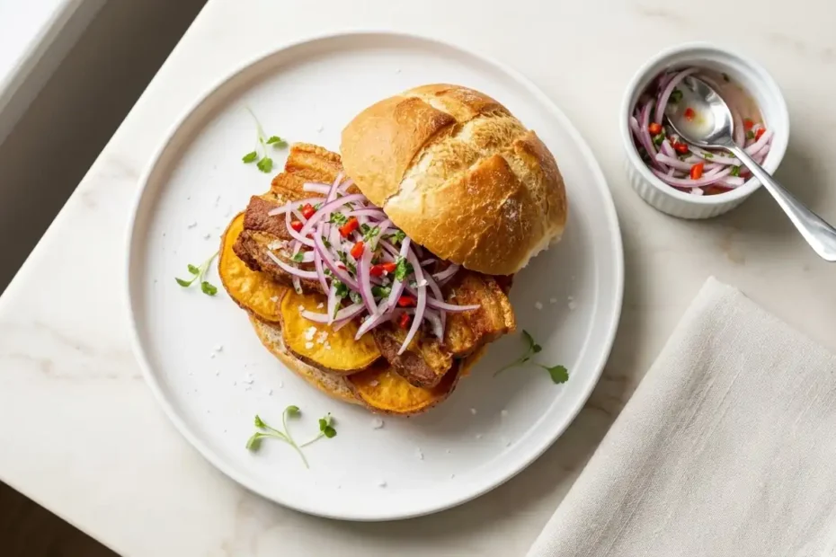 Pan con chicharrón peruano crujiente con salsa criolla y camote