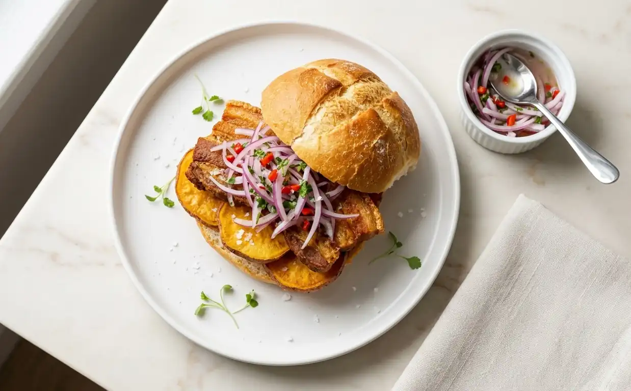 Pan con chicharrón peruano crujiente con salsa criolla y camote
