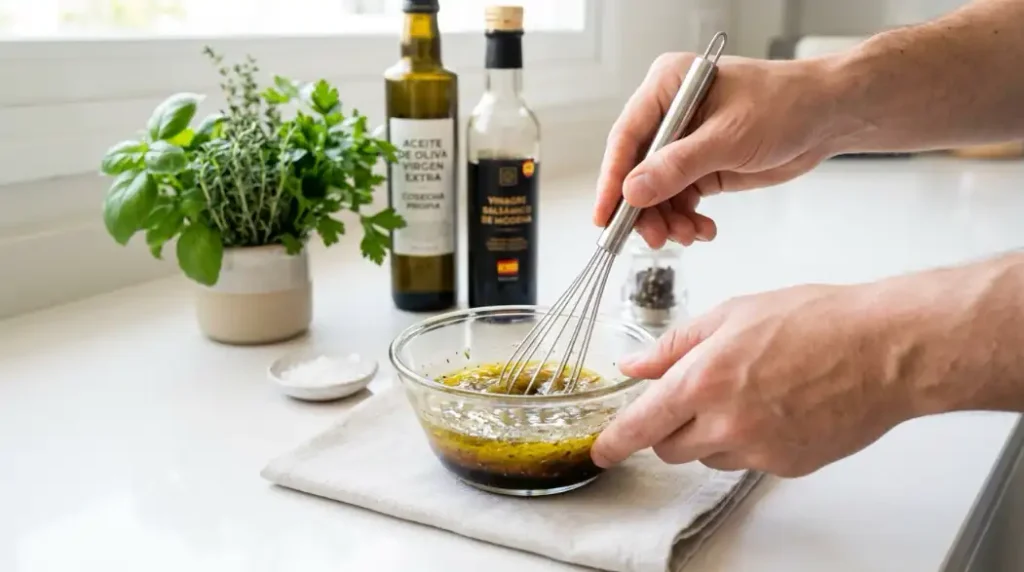 Preparación de vinagreta con aceite de oliva y vinagre balsámico