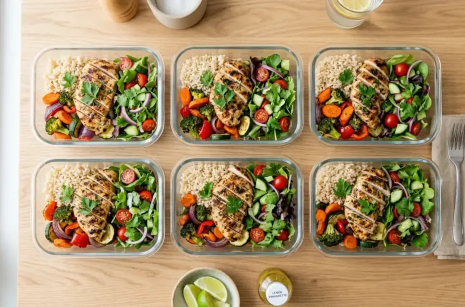Recipientes de vidrio con plan de comidas fáciles para la semana