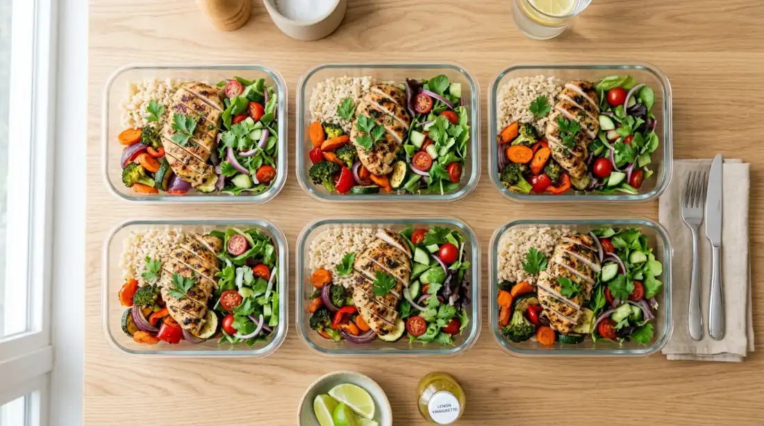 Recipientes de vidrio con plan de comidas fáciles para la semana