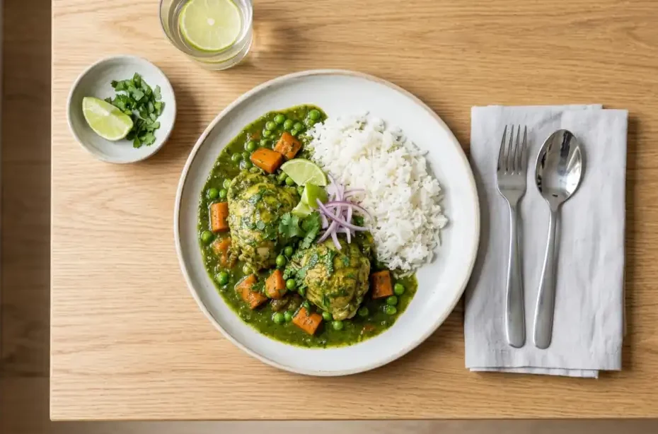 Seco de pollo peruano con salsa verde de culantro y arroz blanco