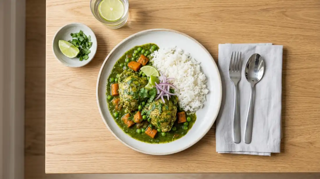 Seco de pollo peruano con salsa verde de culantro y arroz blanco