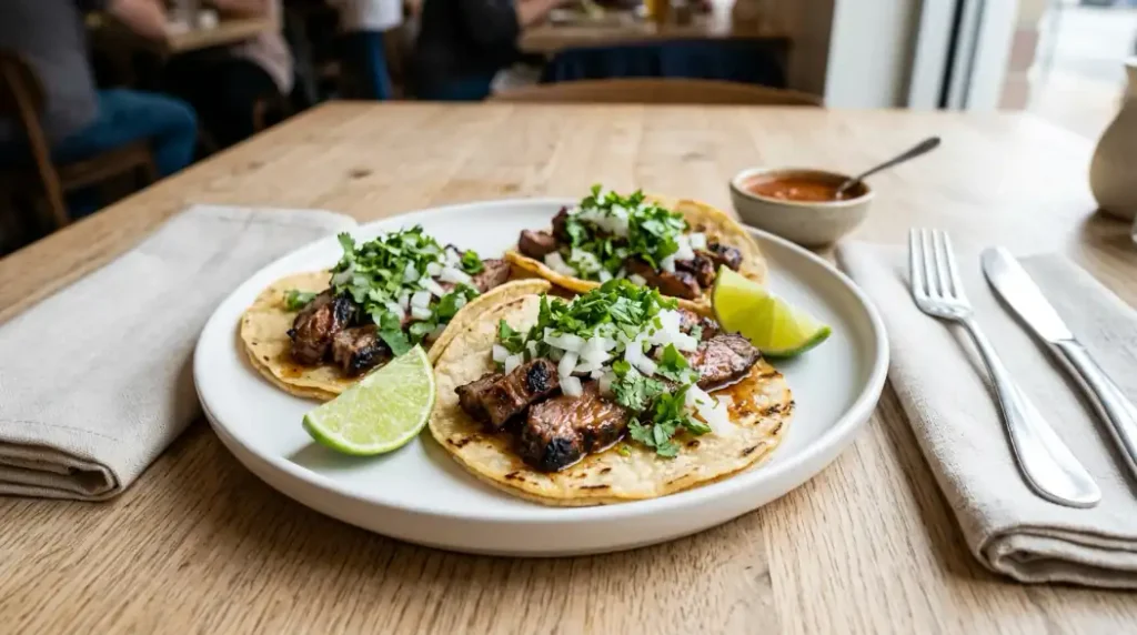 Tacos mexicanos rellenos servidos con cilantro y limón fresco