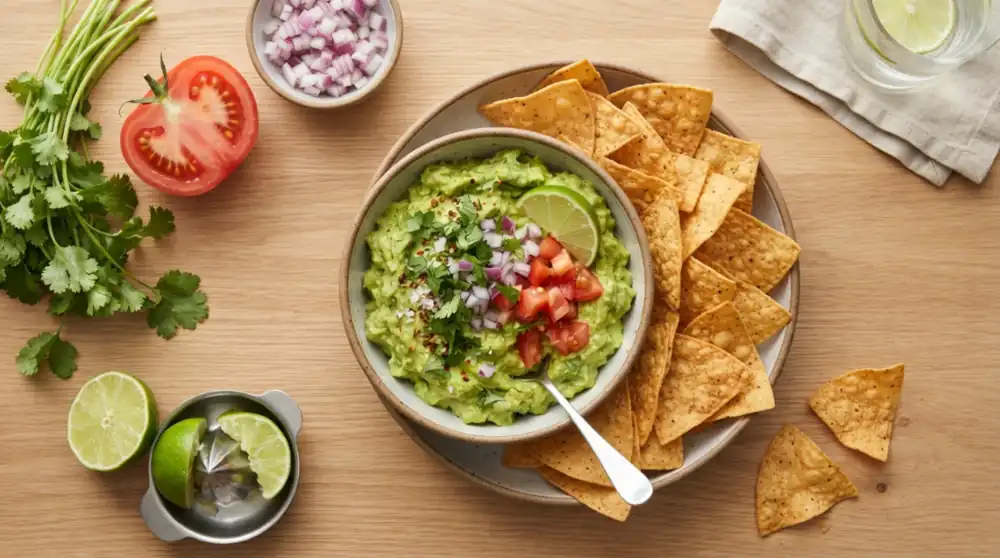 Tazón de guacamole fresco acompañado de totopos crujientes
