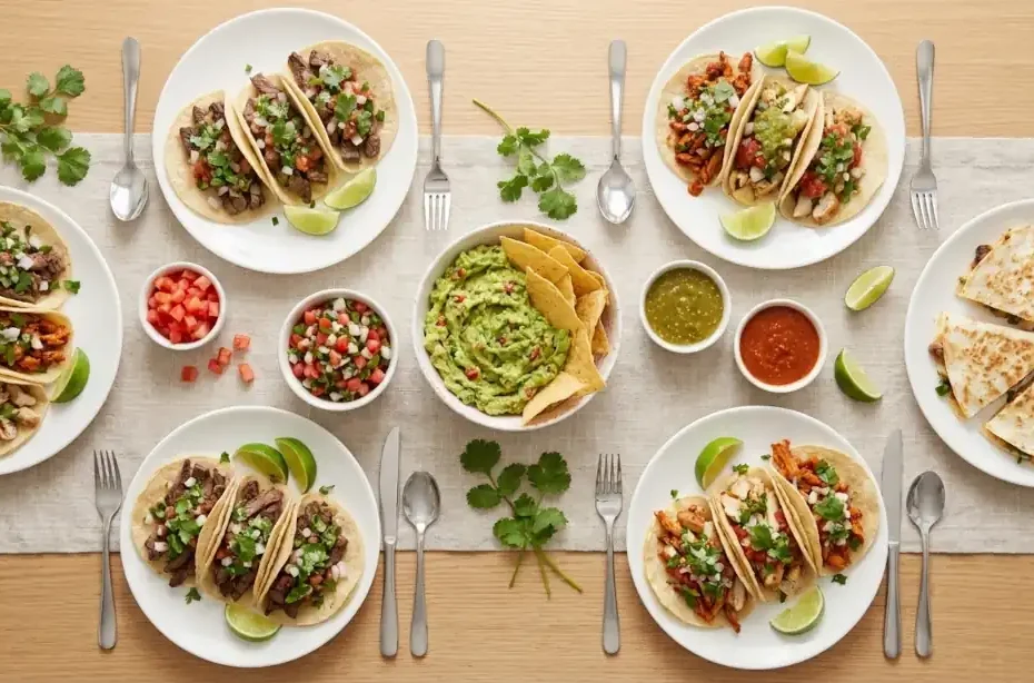 Variedad de comidas rápidas y fáciles mexicanas servidas en mesa
