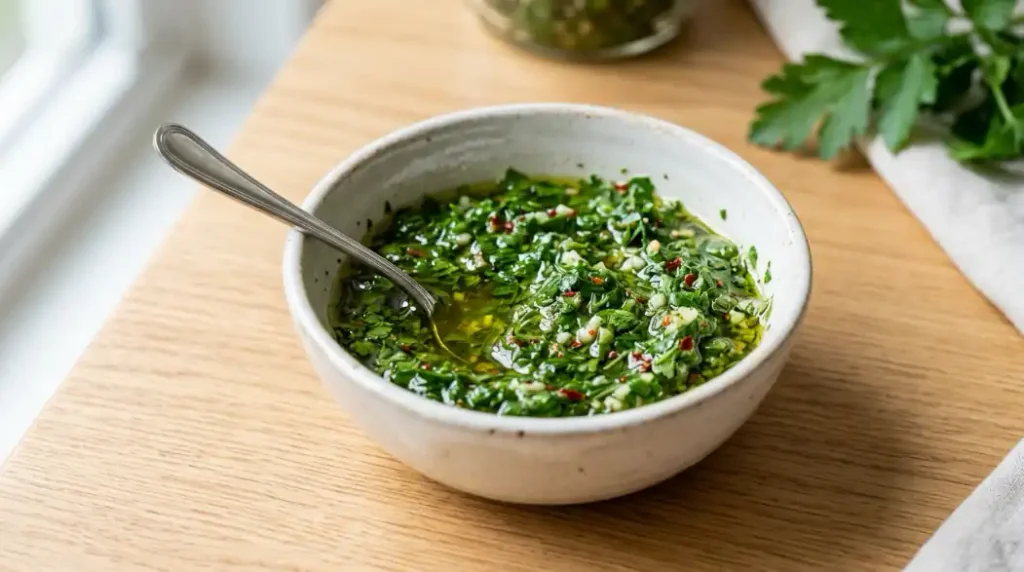 Chimichurri casero recién preparado para carnes asadas