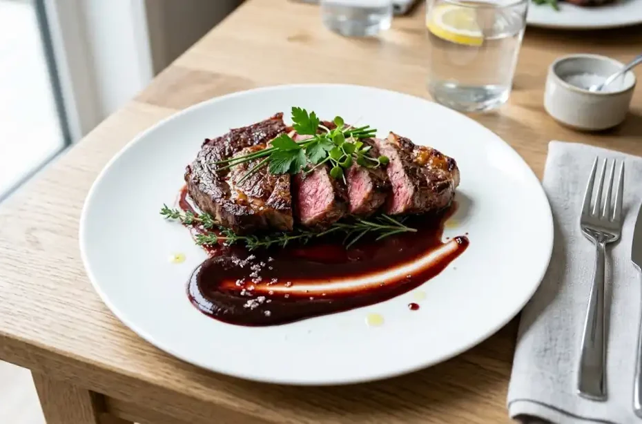 Salsas para emplatar carnes: salsa espejo trazada bajo un corte de carne emplatado