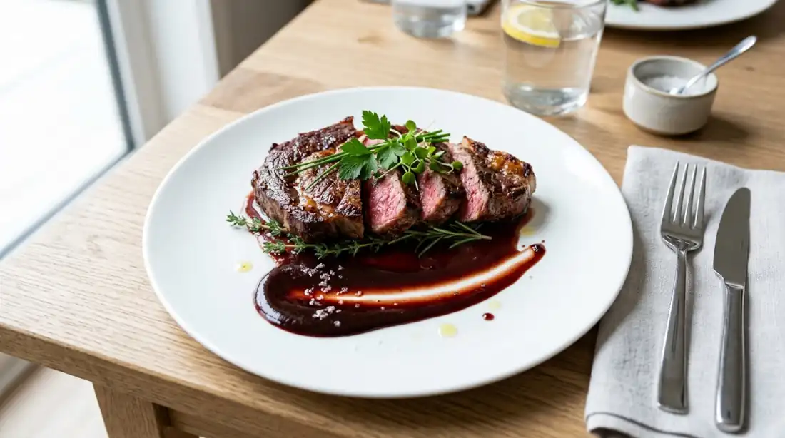 Salsas para emplatar carnes: salsa espejo trazada bajo un corte de carne emplatado