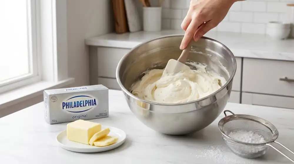 Batiendo mantequilla y azúcar glass para el frosting de queso crema