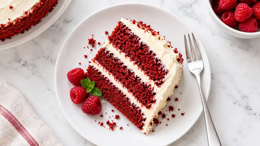 Corte de torta red velvet mostrando miga esponjosa y capas rojas