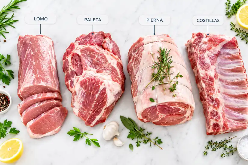 Cortes de cerdo para asar lomo, paleta y pierna sobre tabla