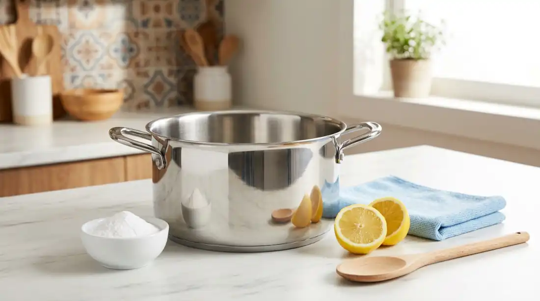 cómo limpiar una olla de acero inoxidable: olla de acero inoxidable limpia y brillante junto a bicarbonato y limón