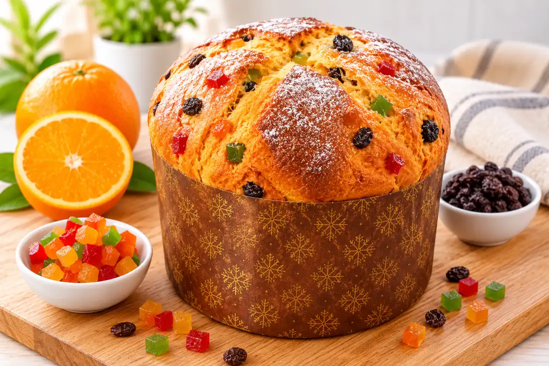 Panettone casero recién horneado con azúcar glass sobre mesa luminosa