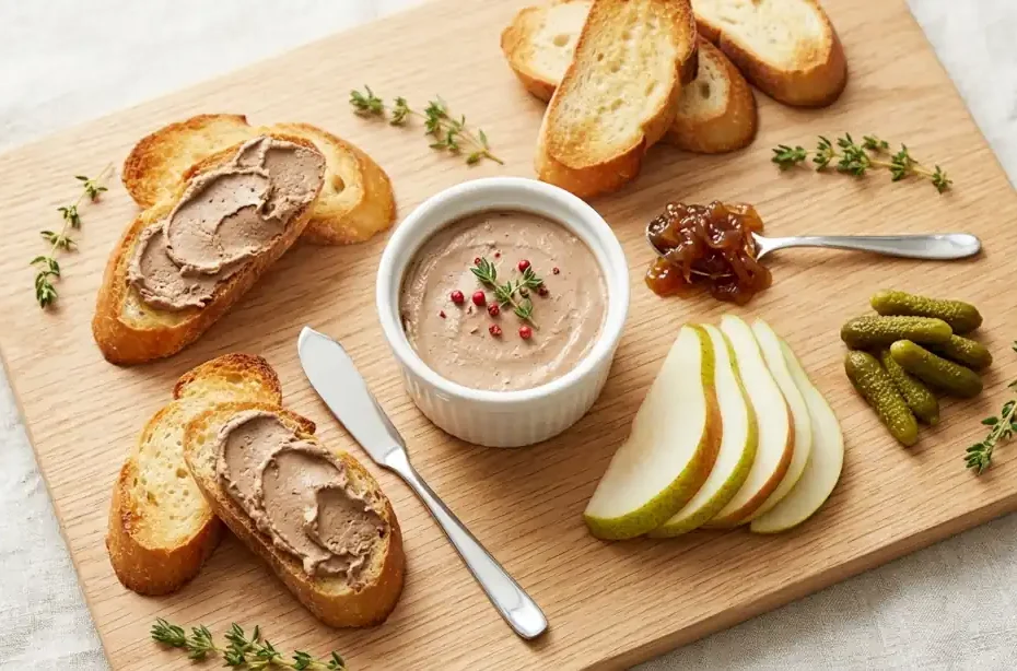 Paté de hígado de pollo casero cremoso servido con tostadas y mermelada