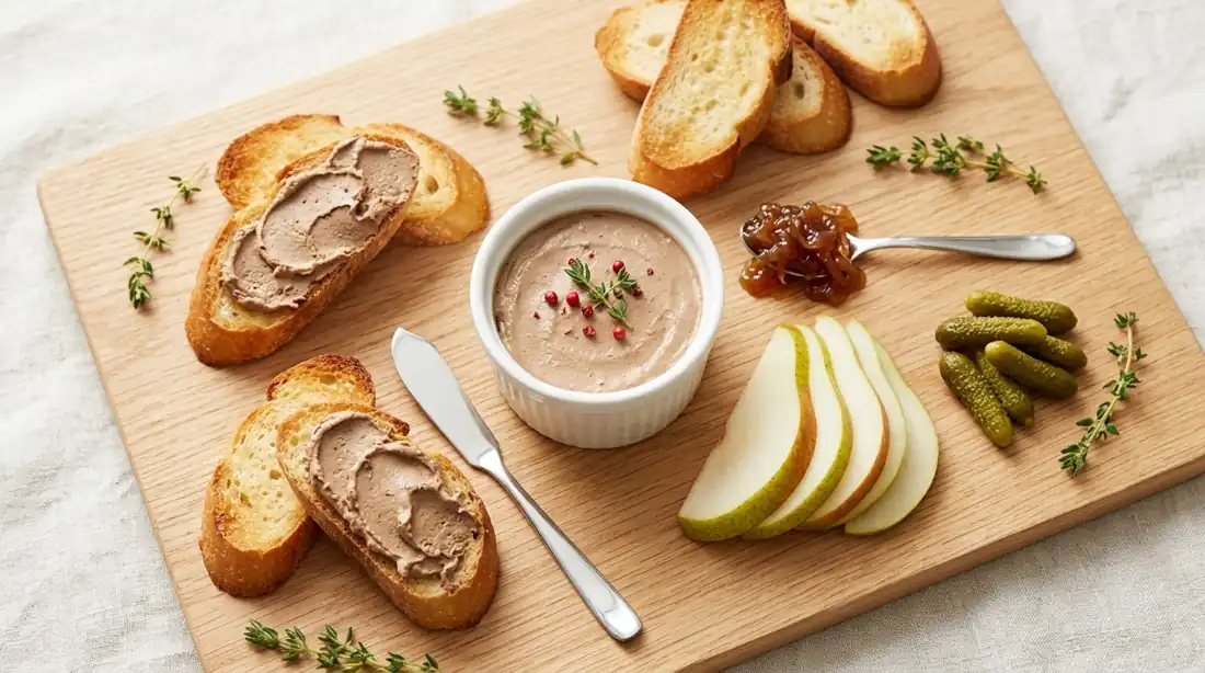 Paté de hígado de pollo casero cremoso servido con tostadas y mermelada