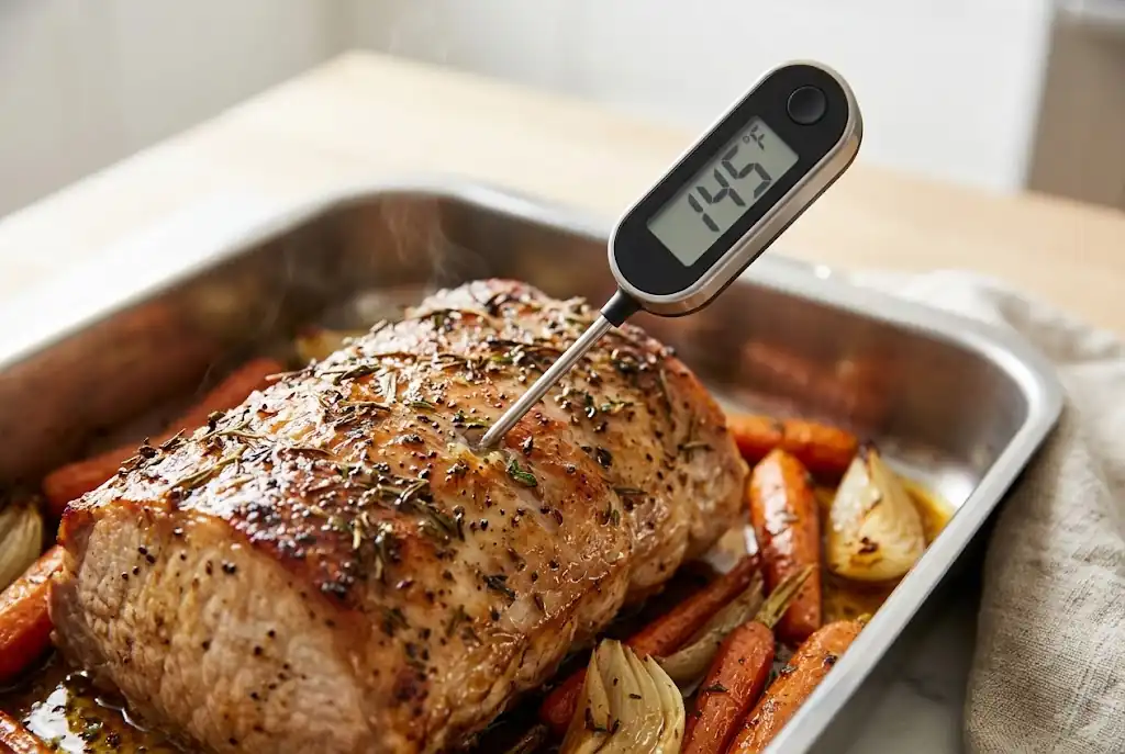 Termómetro midiendo la temperatura interna de un asado de cerdo