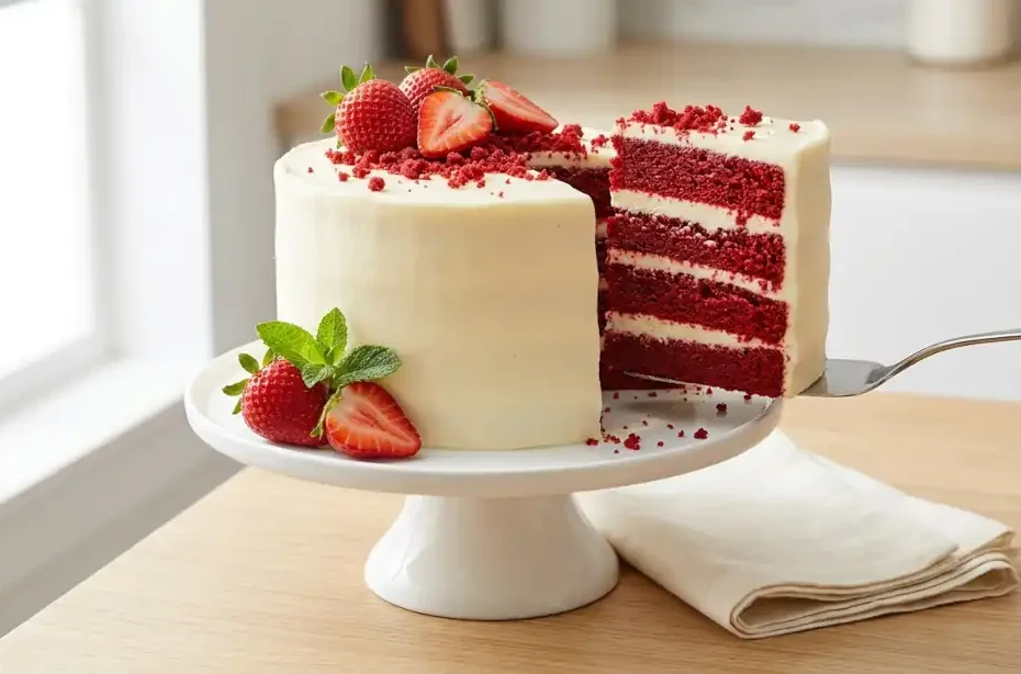 Torta red velvet de cuatro capas con frosting de queso crema