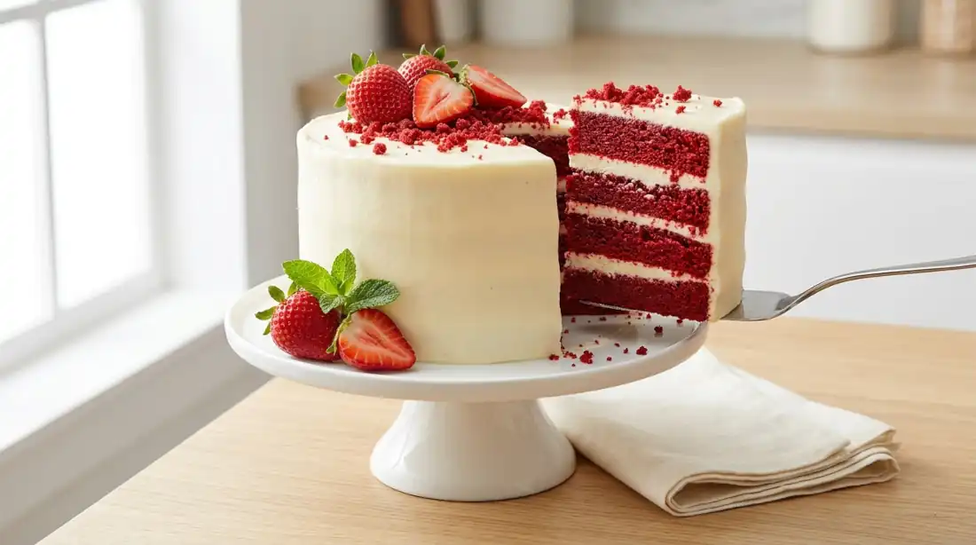 Torta red velvet de cuatro capas con frosting de queso crema
