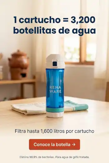 Botella filtrante Rena Ware sobre una mesa de cocina: un cartucho filtra hasta 1,600 litros, equivalente a 3,200 botellas de agua