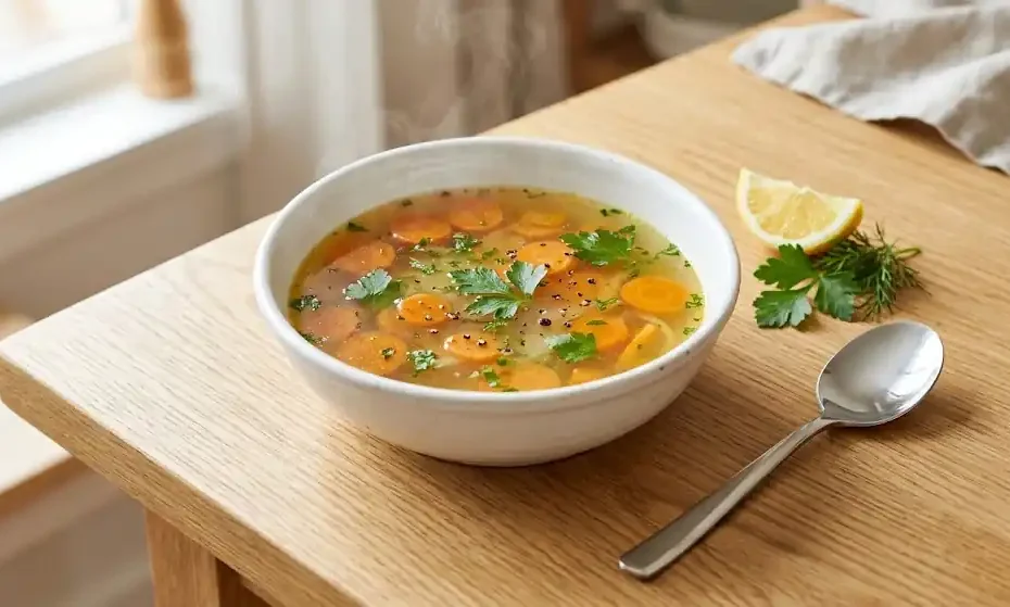 de caldo de pollo casero claro con zanahoria y perejil fresco