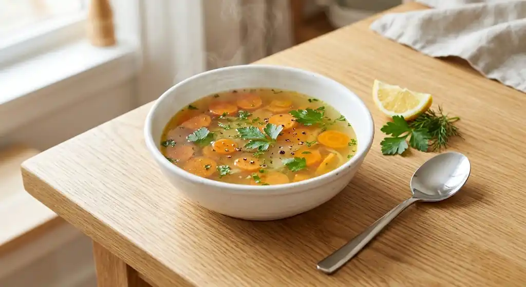 de caldo de pollo casero claro con zanahoria y perejil fresco
