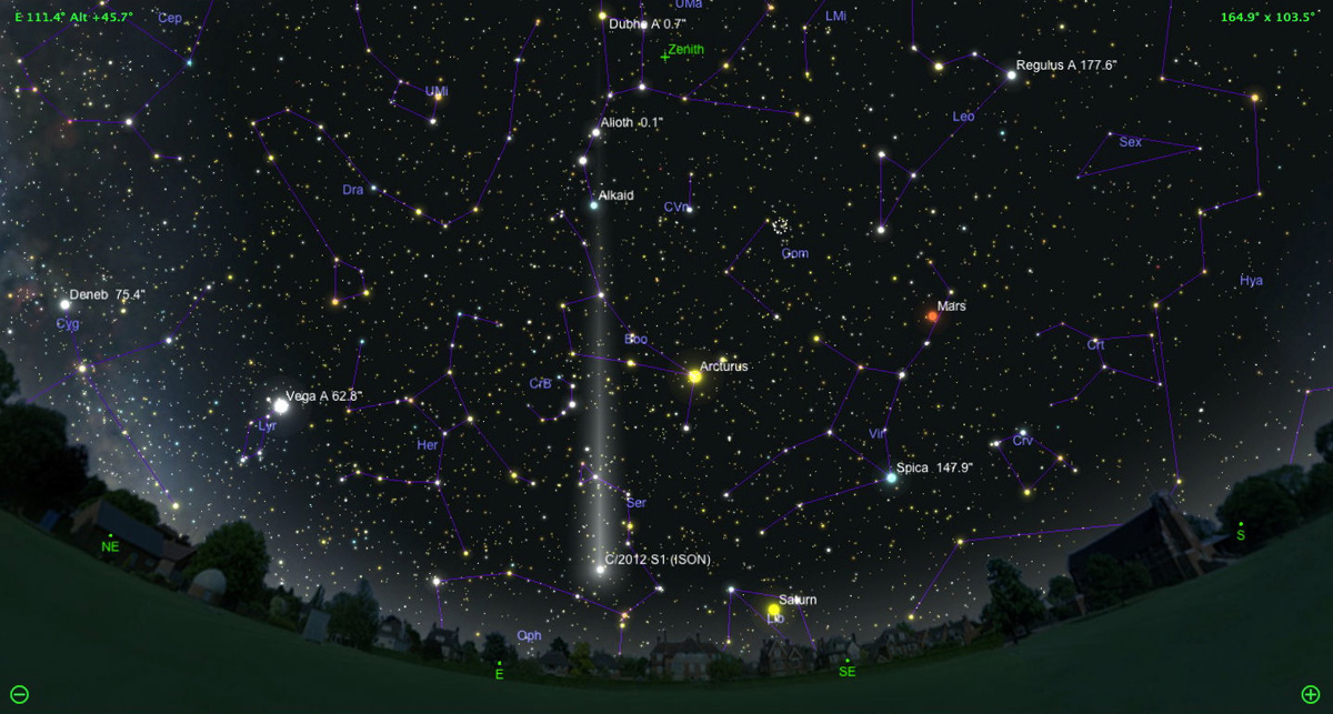 Una simulación del Cometa ISON la mañana del 10 de diciembre del 2013. Esta vista es mirando hacia el Este antes del amanecer.