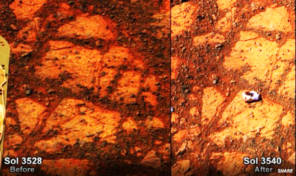 La parte izquierda de la imagen muestra una toma de la cámara panorámica del robot en Sol 3528, en ella solo se observa un desnudo lecho de roca. Pero  en la parte derecha de la imagen, 12 días marcianos después,  aparece una roca del tamaño de un puño que, simplemente, no estaba antes.